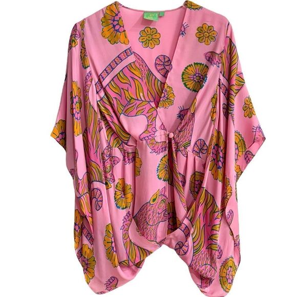 JULES REID BEAUTIFUL SILK PINK TIGER V-NECK CAFTAN TOP SZ 6 - Picture 1 of 4